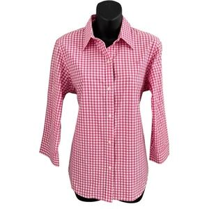 Ralph Lauren White and Pink Gingham Check 3/4 Sleeve Button Down Shirt